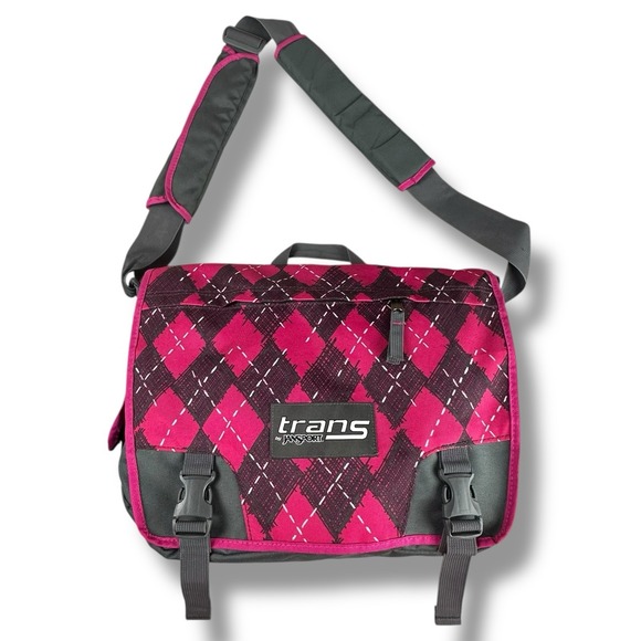 Trans By Jansport Messenger‎ Bag Laptop Case Pink Gray Argyle School Work Carry - Picture 1 of 13